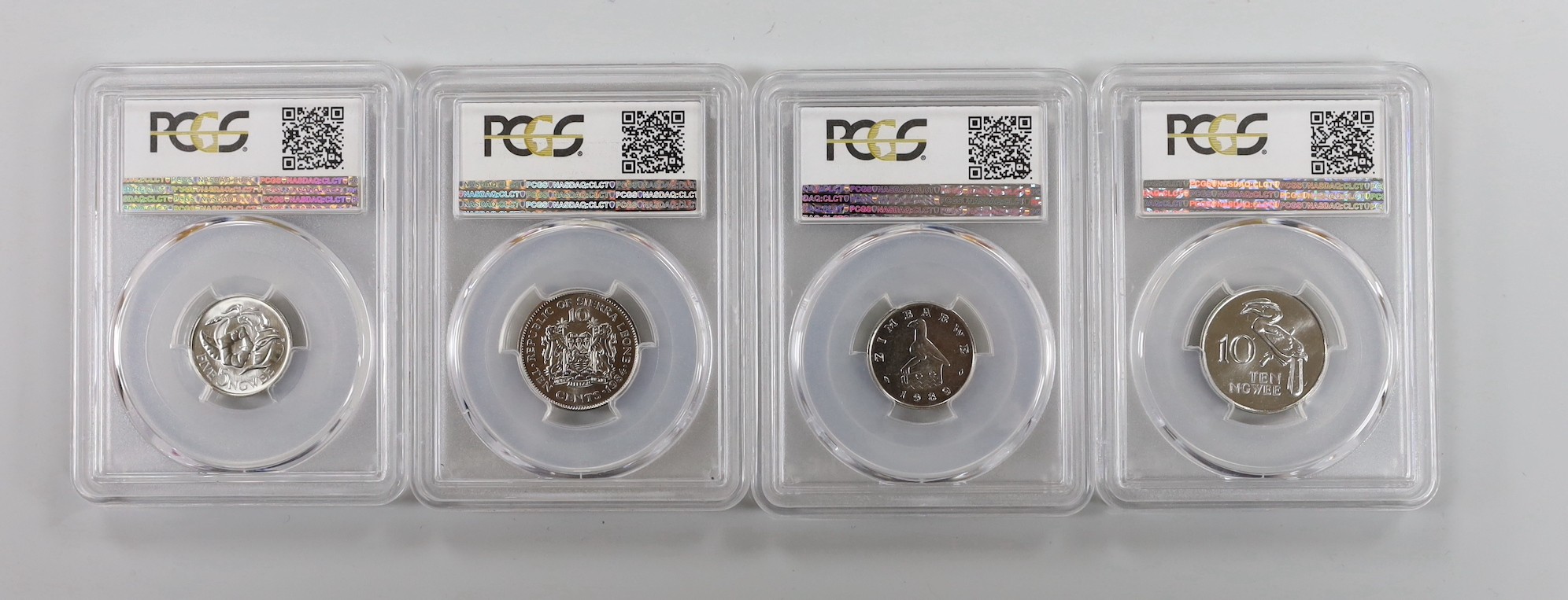 Ex. King’s Norton mint collection specimen coins - Zambia, 5 Ngwee 1972 and 10 Ngwee 1972, Zimbabwe 10 cents 1989, Llantrisant mint, all three PCGS slabbed and graded SP65 and Sierra Leone 10 cents 1984, PCGS slabbed and